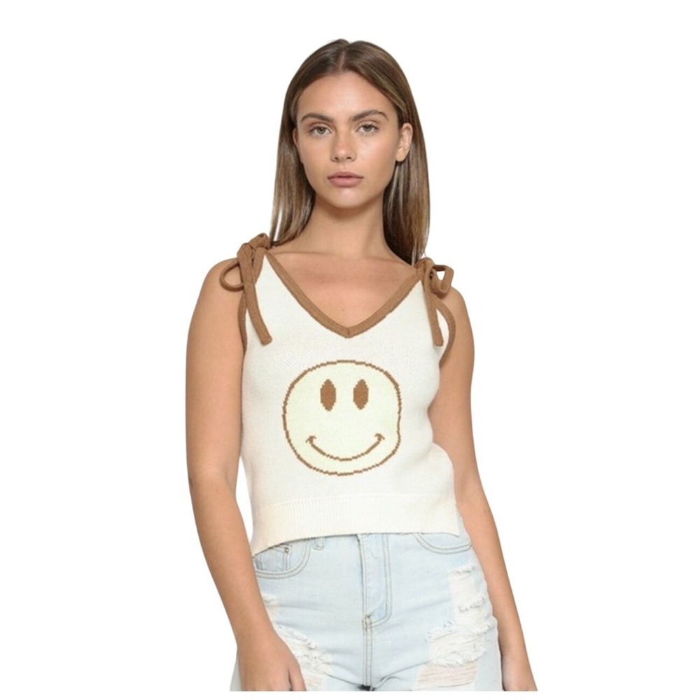 MISS SPARKLING Knit Happy face sweater tankTank Top Tie Shoulder Brown Cream